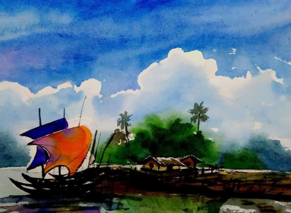 Watercolor Beautiful Sailing Boat on Sea