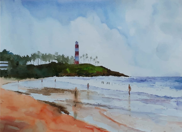 Watercolor Beautiful Sea Beach and Sky