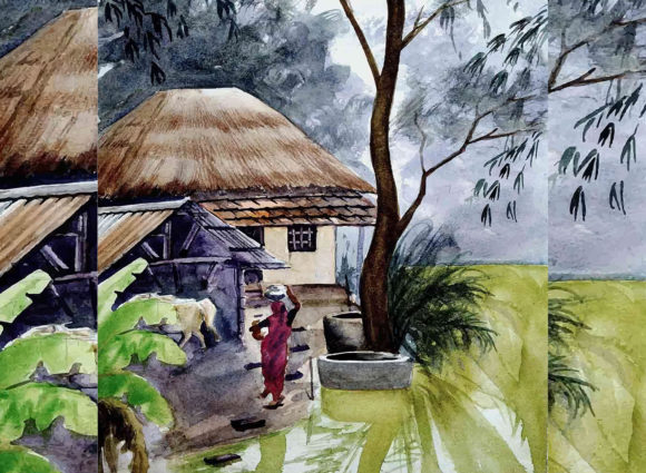 Watercolor Rural Village Scene Hand Draw